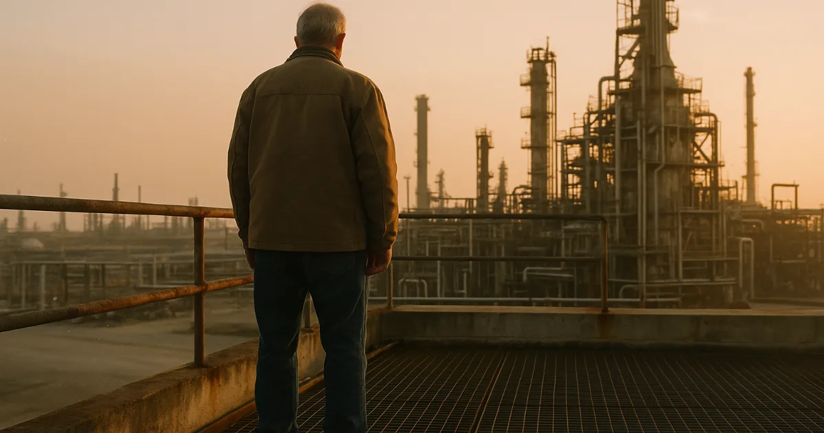Retired worker in silhouette at industrial refinery at dawn, overlooking weathered structure