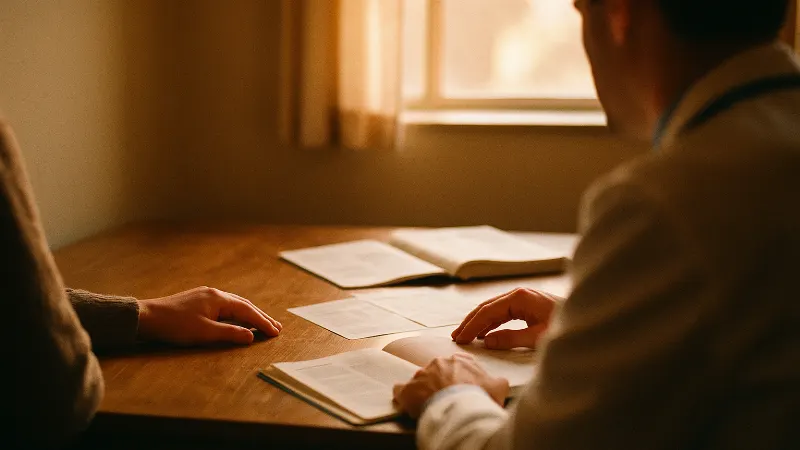 Silhouetted figures in consultation room—patient seated, family member's hand on shoulder—framed in warm window light.