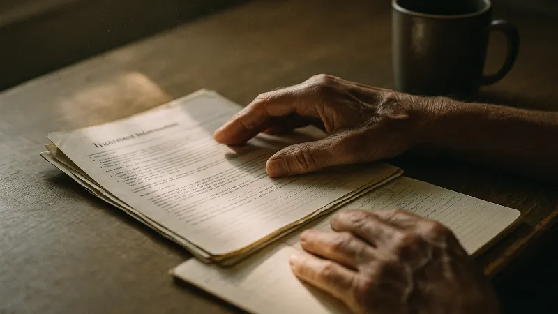Hands holding printed treatment information and handwritten notes on worn desk with window light.