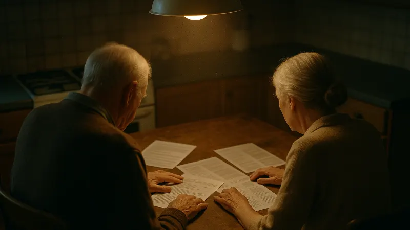 Patient seated in medical office waiting area holding documents, warm light from window illuminating profile, hands visible with papers