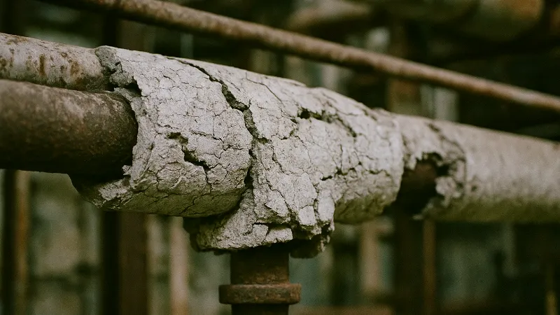 Corroded asbestos insulation wrapped around aged industrial piping, showing deterioration and flaking