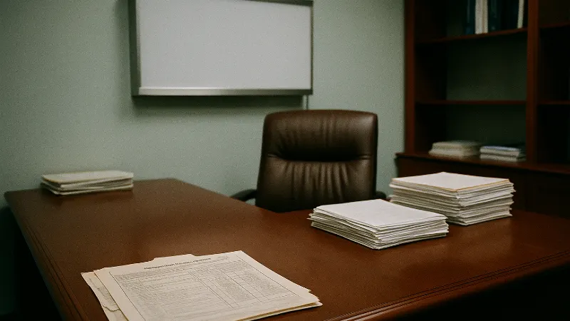 Empty specialist's consultation desk with CT light box and occupational exposure documentation at major medical center