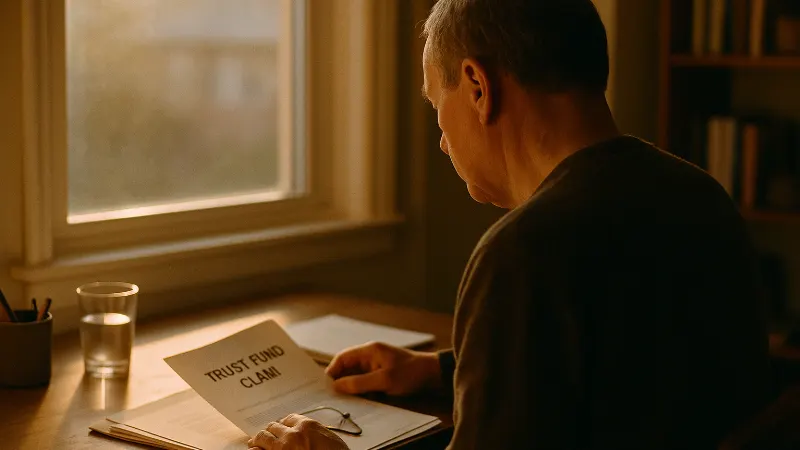 Two figures seated together review trust fund claim materials in warm living room lamplight.