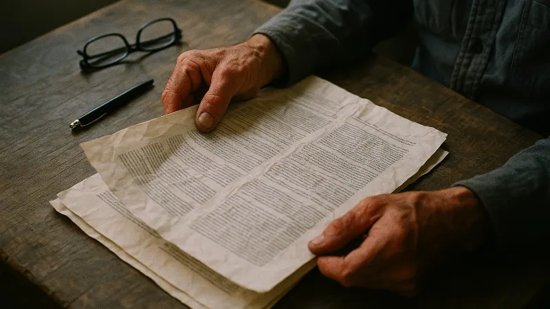 Weathered hands holding creased legal trust fund documents on worn wooden table.
