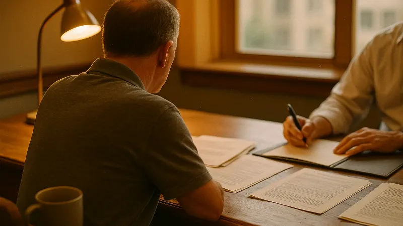 Seated person in flannel shirt reviewing documents at warm wood desk with advisor across table holding pen, coffee mug