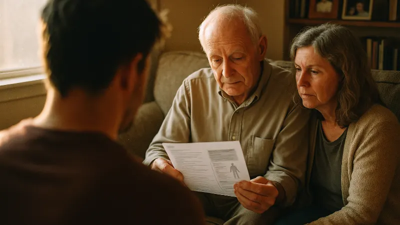 Person in profile holds medical documents by window, bathed in warm afternoon light