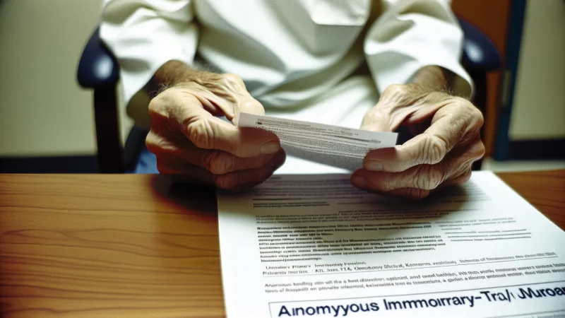 Patient's hands holding clinical trial information during consultation, soft natural light on documentation and desk