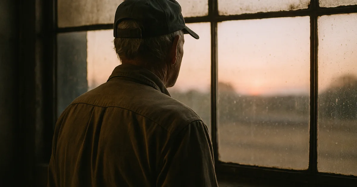 Retired worker in silhouette overlooking shipyard at dawn, industrial landscape with weathered metal and rust