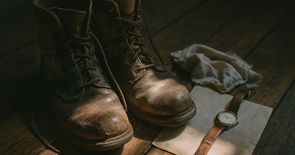 Worn work boots with retirement watch and pension letter on weathered hardwood floor