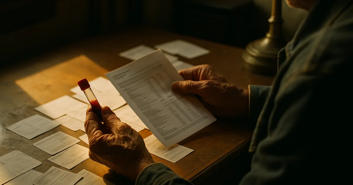 Retired worker's weathered hands holding blood vial and medical paperwork in sunlit home study