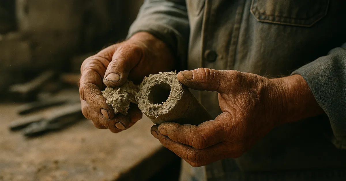 Weathered hands holding crumbled pipe insulation in a home workshop, dust visible in window light
