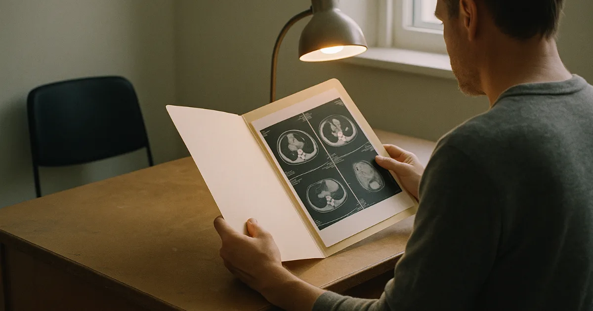 Patient's hands holding medical scan folder in consultation room, rear view, morning light