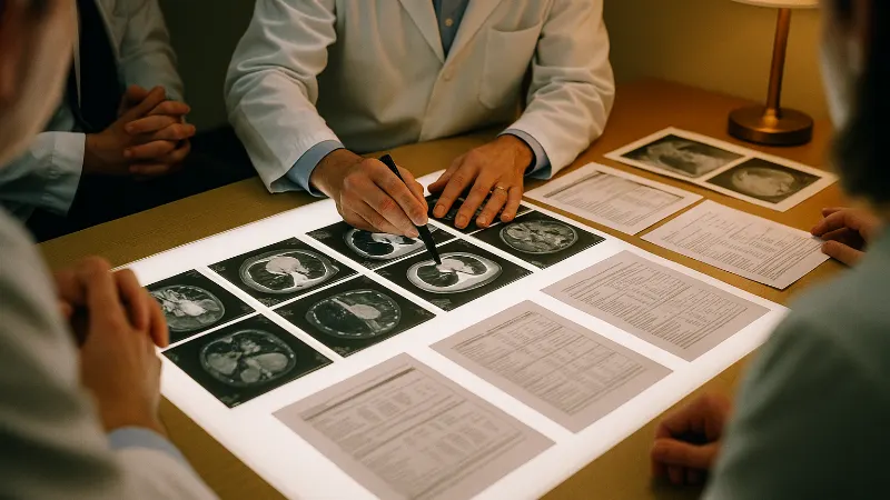Specialist reviewing imaging studies with colleagues during tumor board meeting, hands pointing to treatment plan