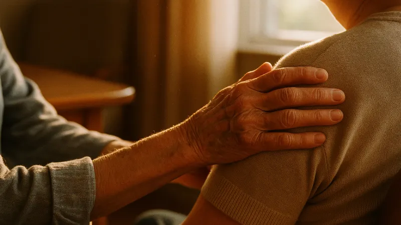 Caregiver hand rests gently on patient shoulder in warm home light, conveying quiet support and partnership