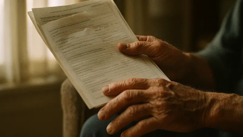 Weathered hands of older worker hold medical documents in home interior light