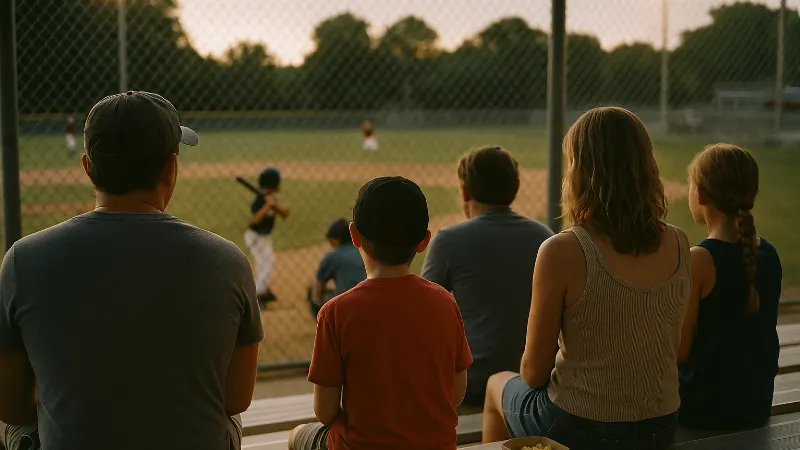 Family members watch from bleachers as a young child takes a turn at bat during Little League game