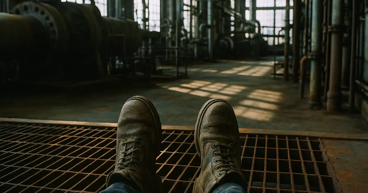 Worn work boots stand on rusted steel grate in industrial power plant boiler room