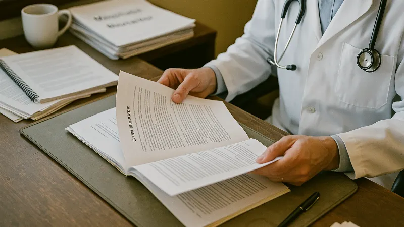 Mesothelioma specialist's hands review case files and clinical trial protocols at organized desk