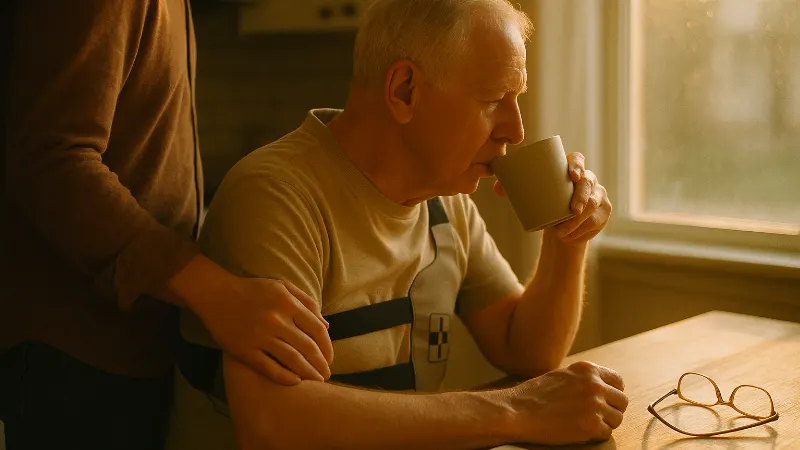 Aging parent and adult child review TTFields medical information together at kitchen table, hands visible on document in warm home light, shown from behind.