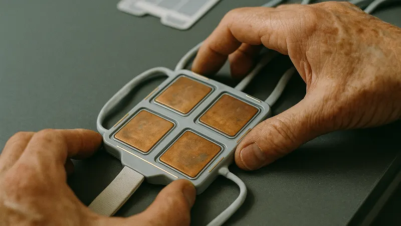 Weathered technician hands positioning TTFields electrode array, showing engineering detail and human scale of the device.