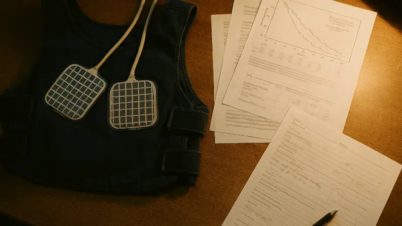 STELLAR trial documentation and Tumor Treating Fields wearable device arranged on physician's desk with survival data