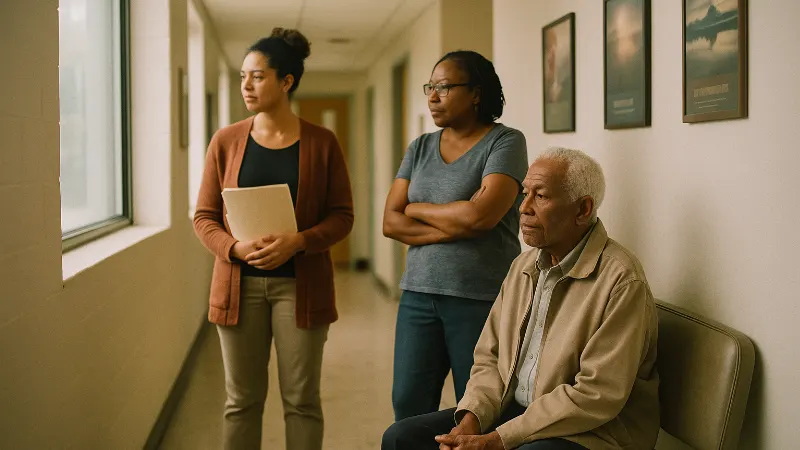Opened trust claim packet on wooden desk with brass lamp and blurred legal reference shelving in warm office light