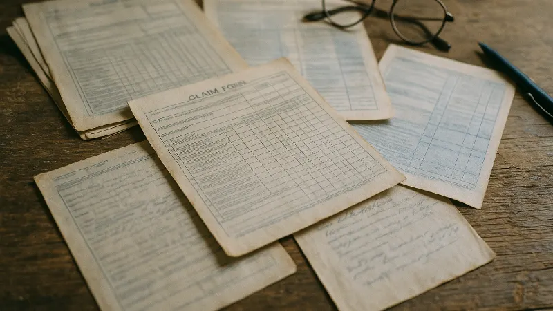 Scattered claim forms and medical documents with reading glasses on weathered wooden table in natural light