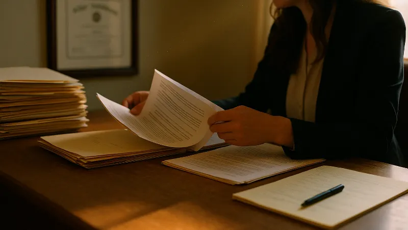 Utah attorney's hands review mesothelioma case files and statute of limitations documents at warm wooden desk