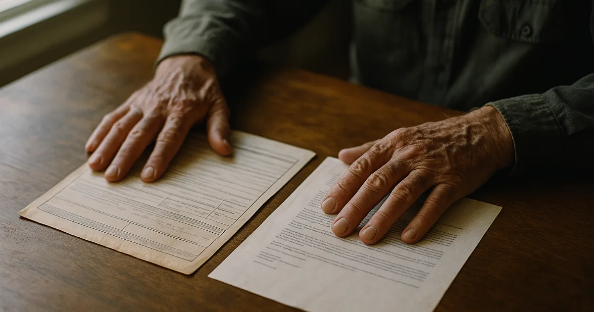 Veteran's weathered hands hold discharge papers and VA denial letter on wooden table in morning light