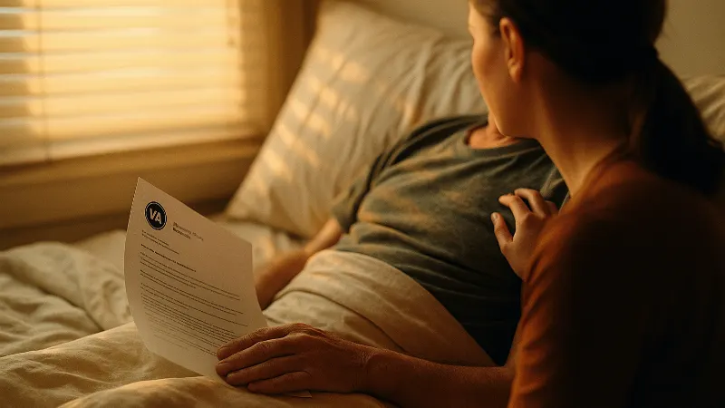 Two figures reviewing VA documents together at home table, warm lamplight, family photographs visible on shelves