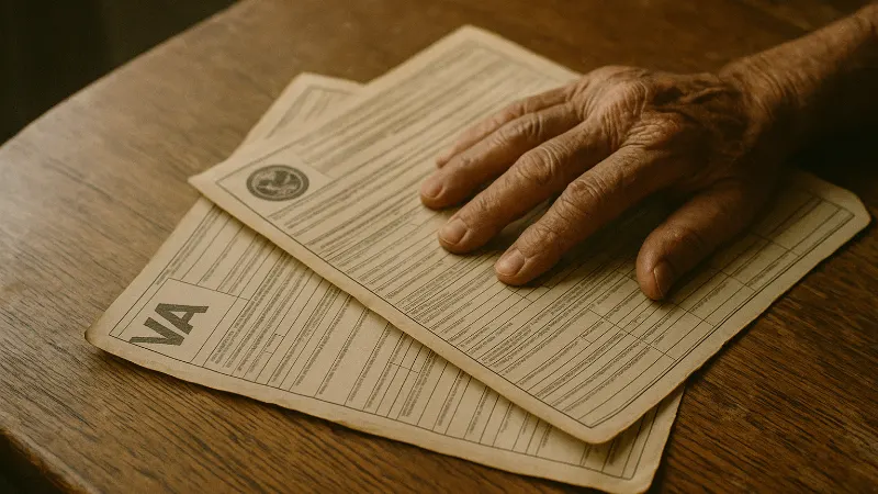 Aged hands with scars holding worn VA disability documents on weathered wooden table
