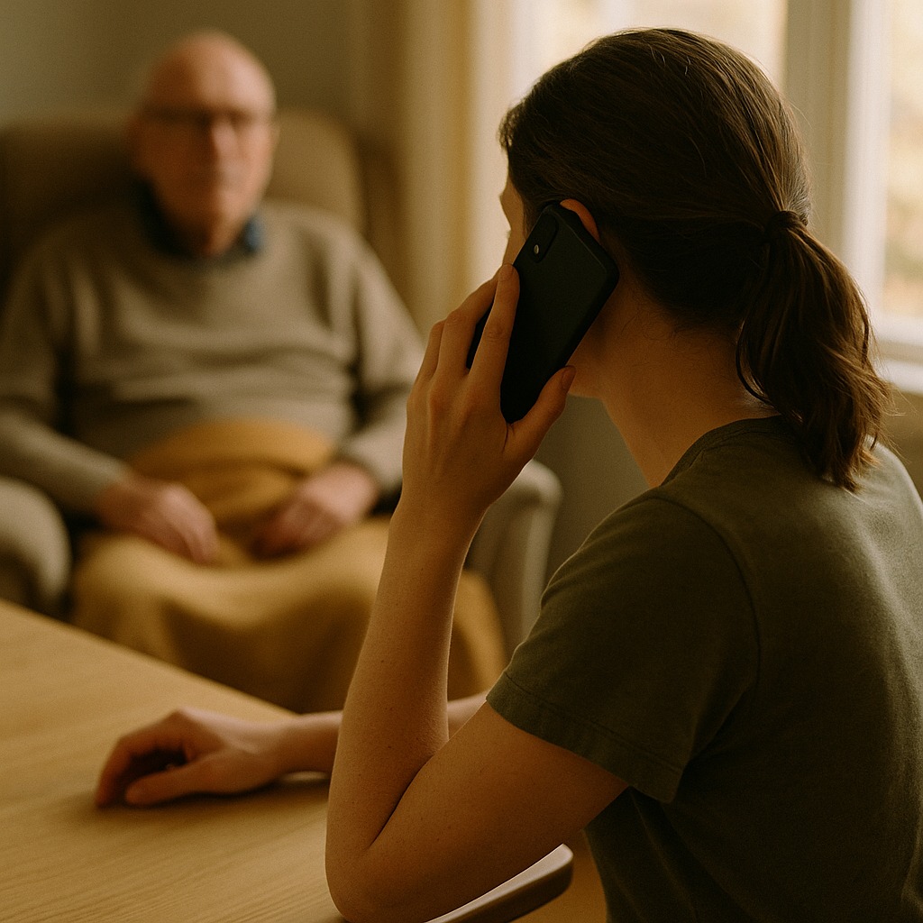 A daughter with her arm around her father, looking out a window together