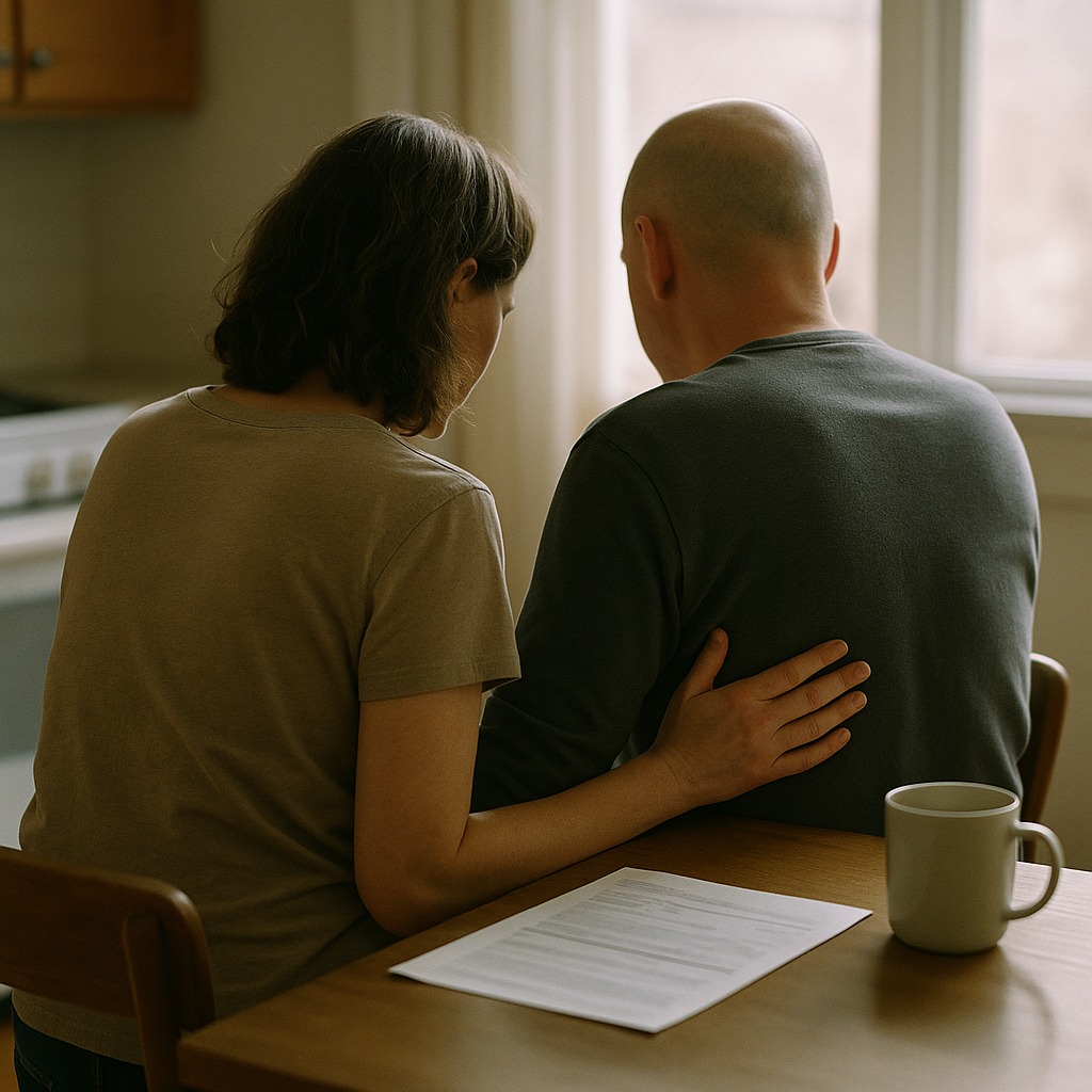 A couple sitting together, supporting each other during a difficult time