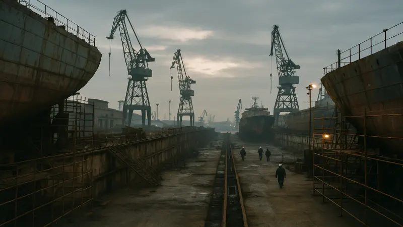 Workers walk through a shipyard with large cranes and vessels — a high-risk environment for asbestos exposure