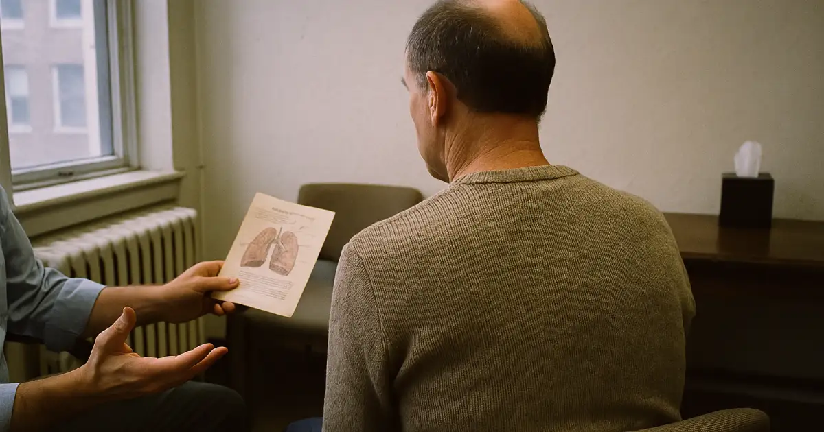 A doctor explains a lung diagram to a mesothelioma patient during a medical consultation