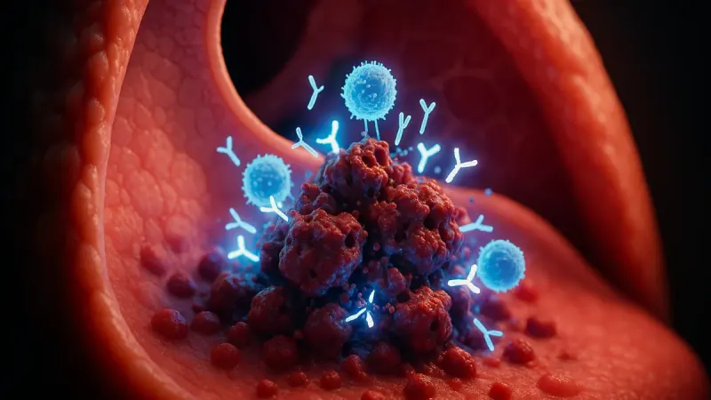 Medical illustration showing immune cells and checkpoint inhibitor antibodies attacking mesothelioma tumor cells in the pleural lining