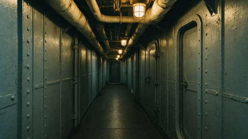 Interior corridor of a naval vessel with exposed pipes and insulation — areas where asbestos was commonly used